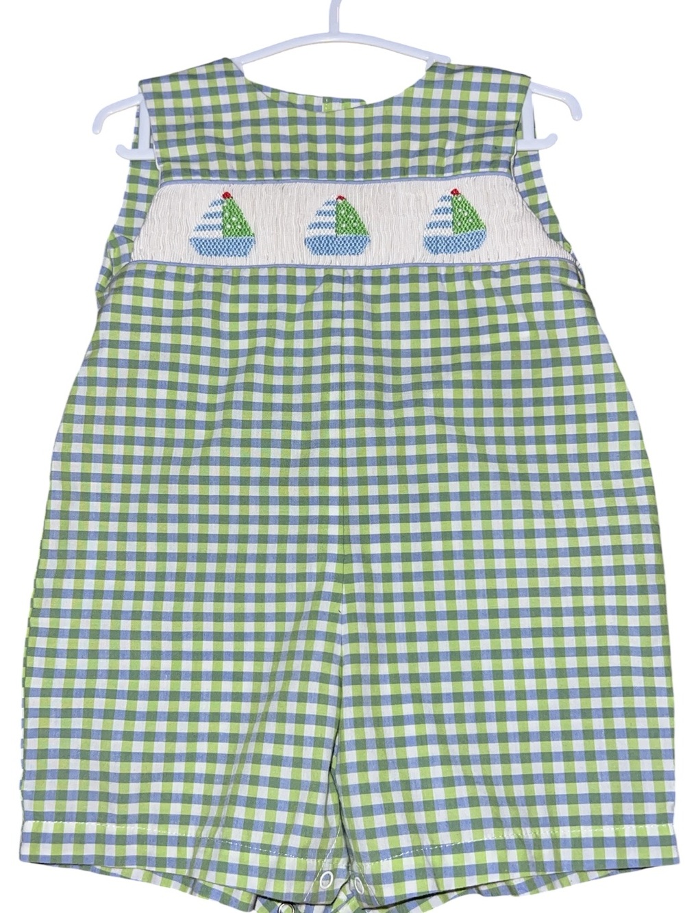Petit Ami Green and Blue Gingham Smocked Sailboat Romper